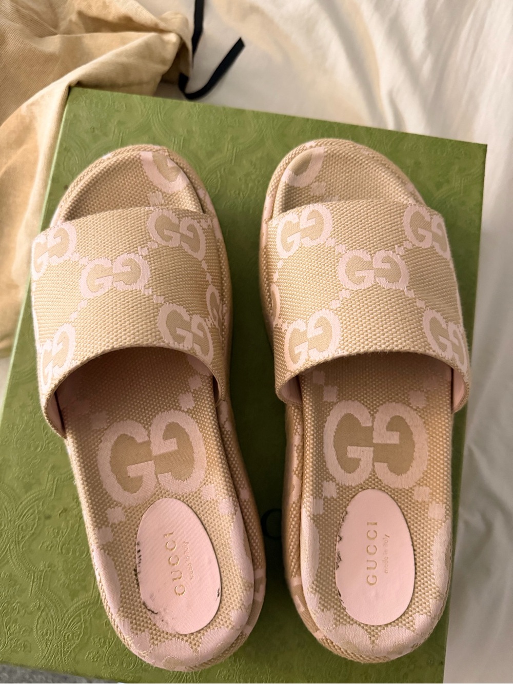 Gucci Beige and Pink GG Canvas Slide Sandals